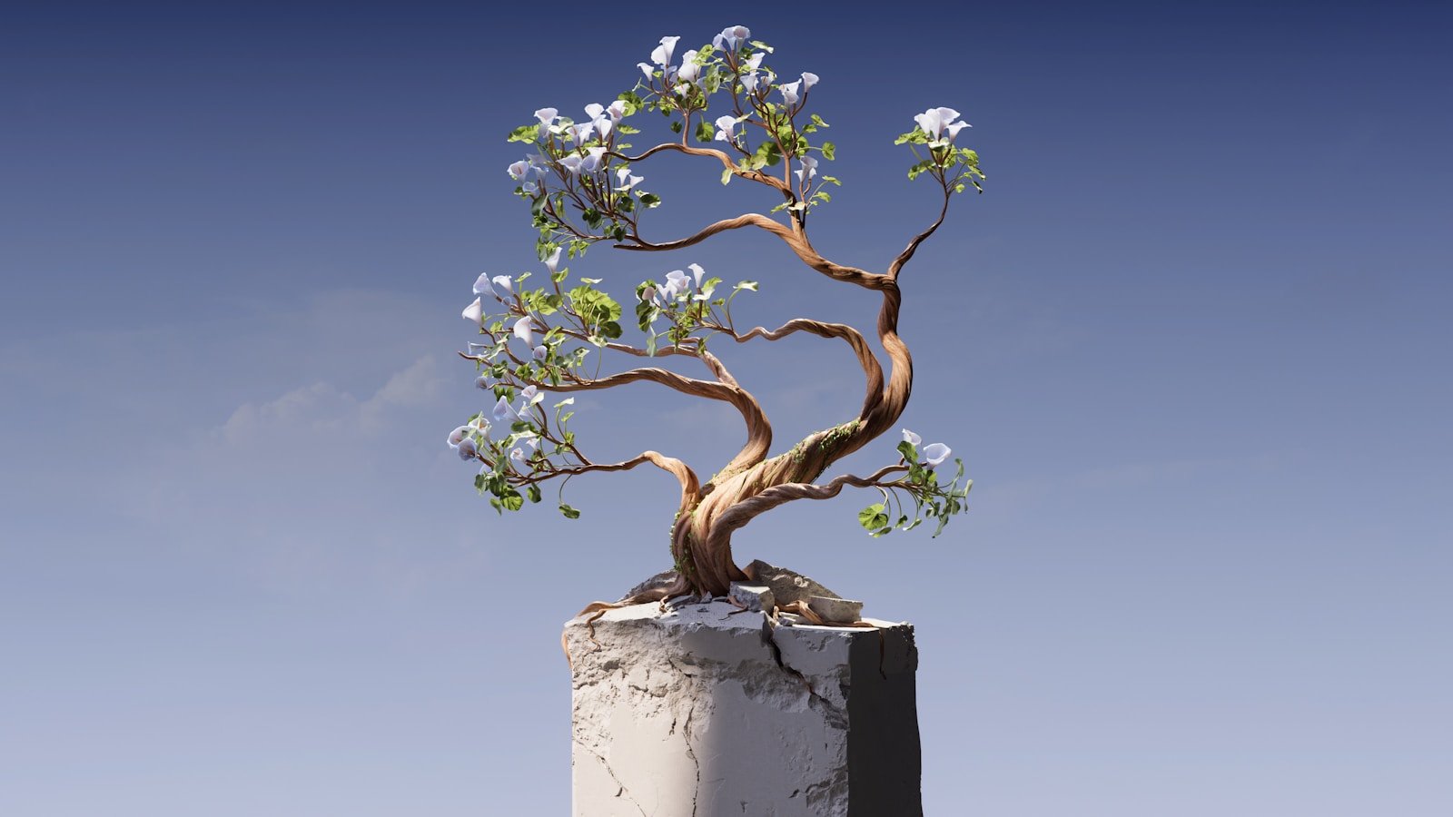 Bonsai tecnológico emergindo de bloco concreto